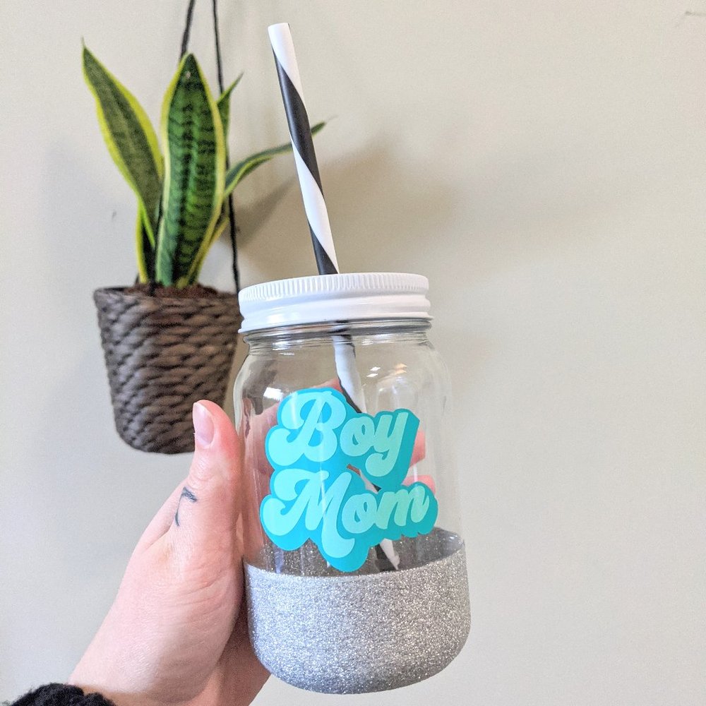 Boy Mom Silver Glitter Dipped Mason Jar